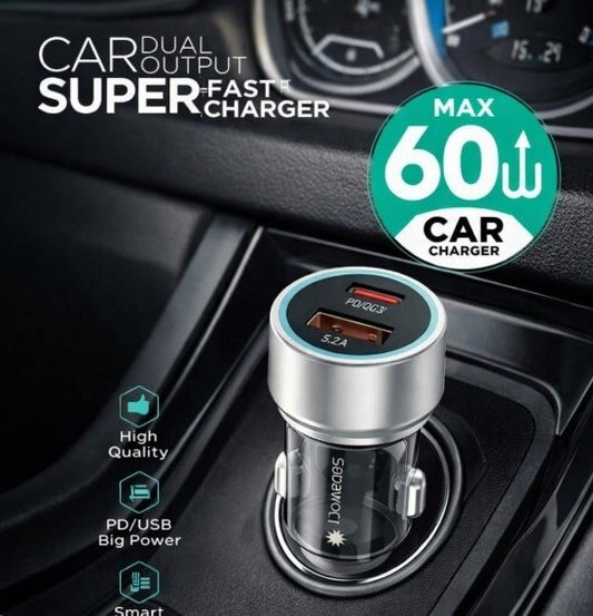 Original Car Charger 60W Adapter | PD + USB Dual Port Fast Charging for All Mobile Phones