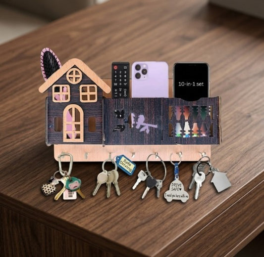 Decorative Wooden House Key Holder | Wall Mounted Key Organizer with 6 Hooks & Marble Finish Design