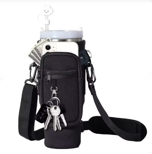 Tumbler Bag - Portable Water Bottle Carrier Sleeve | Adjustable Shoulder Strap Protective Pouch Bag | Hiking Travel Outdoor Use | Random Color