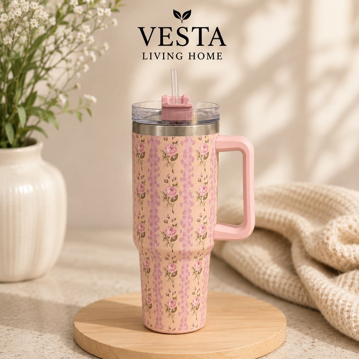 Floral Insulated Travel Tumbler | Ergonomic Handle and Leak-Resistant Lid | 40oz Double-Wall Vacuum Flask | Random Color