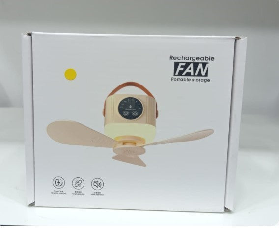 USB Dormitory Camping Small Ceiling Fan | Rechargeable With 8 Hour Timer Night Light | 4 Speed Portable Design