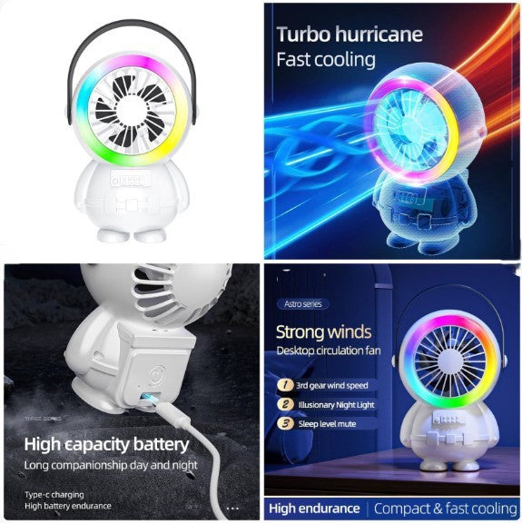 Astro Series Astronaut Mini Desktop Fan | Portable USB Rechargeable Fan with RGB Night Light