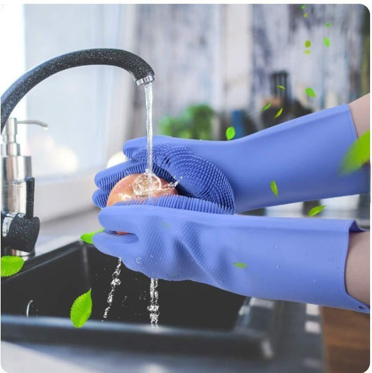 Silicone Dishwashing & Cleaning Pair Gloves | Reusable Heat-Resistant Scrubber Gloves for Kitchen | Bathroom | Household Cleaning