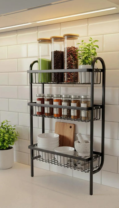 Wall Mounted Spice Rack Black Stainless Steel 3 Tier | DIY Assembly Required (Self Assemble)