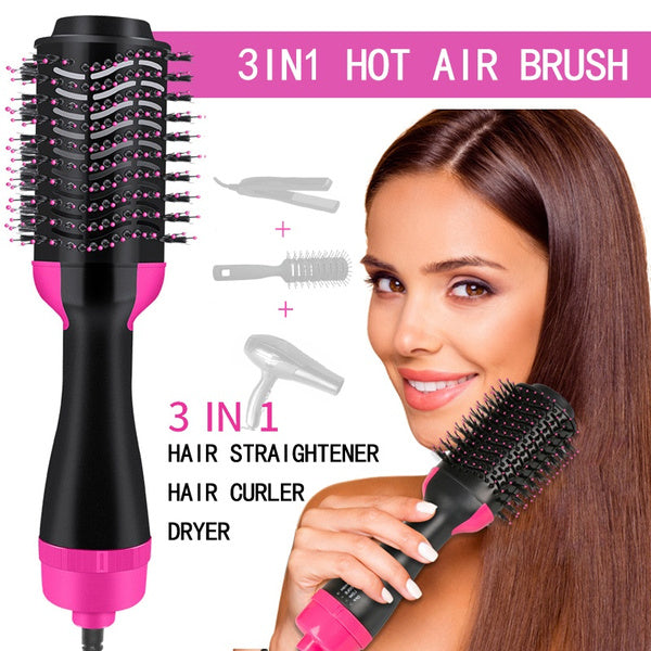 3-in-1 Hot Air Brush | Professional One-Step Hair Dryer | Straightener, and Curler
