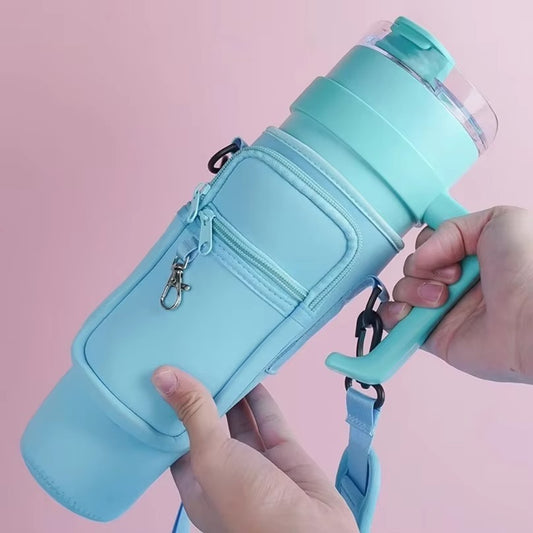 Tumbler Bag - Portable Water Bottle Carrier Sleeve | Adjustable Shoulder Strap Protective Pouch Bag | Hiking Travel Outdoor Use | Random Color