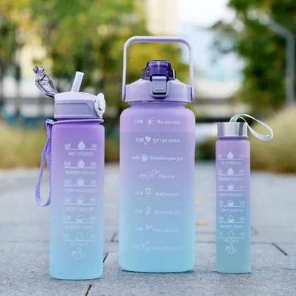 3 Piece Motivational Water Bottle Set BPA Free Plastic Gradient Colors for Students Fitness And Daily Use | Random Color
