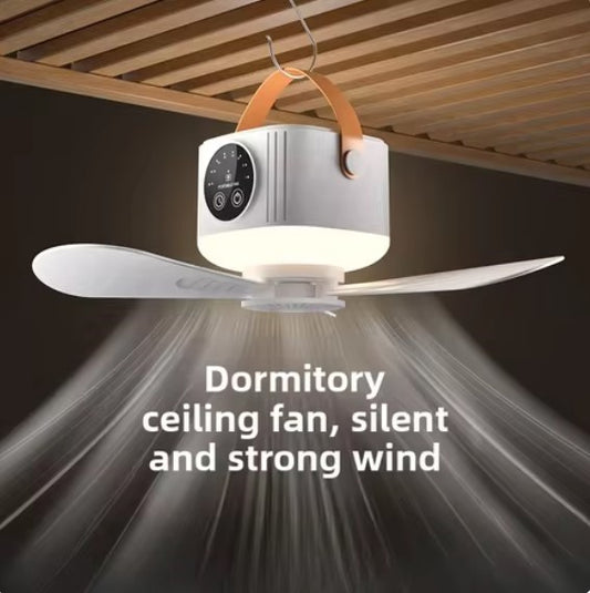 USB Dormitory Camping Small Ceiling Fan | Rechargeable With 8 Hour Timer Night Light | 4 Speed Portable Design