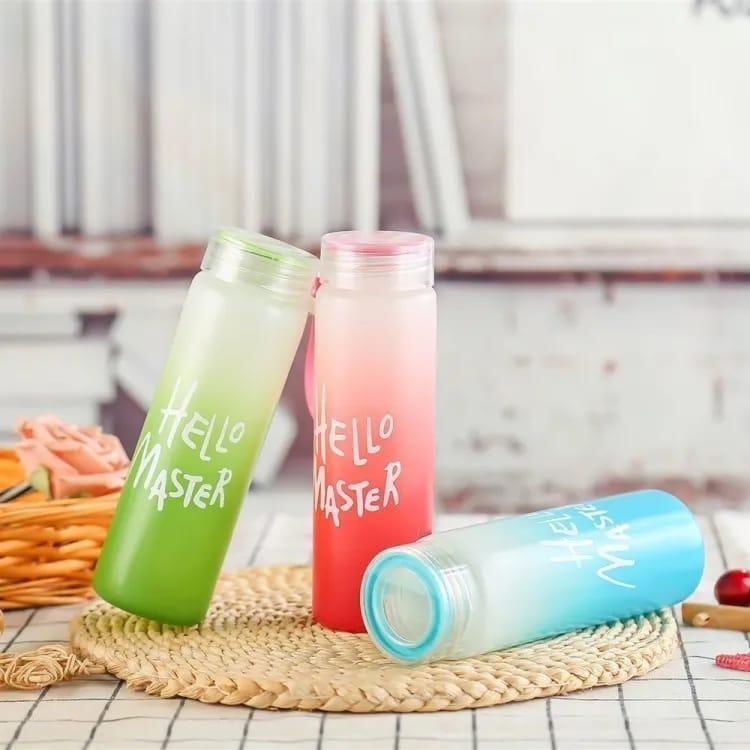 Hello Master 480ml Frosted Glass Water Bottle | Transparent Leak-Proof Portable Drinkware with Carrying Strap | Random Color