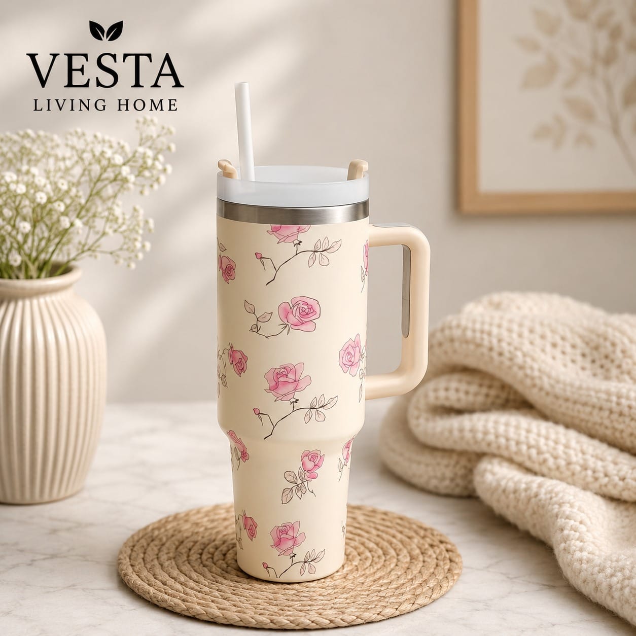 Floral Insulated Travel Tumbler | Ergonomic Handle and Leak-Resistant Lid | 40oz Double-Wall Vacuum Flask | Random Color