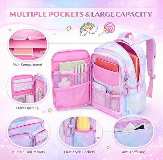 Princess Dream Rainbow School Backpack | Large Capacity Ergonomic Pastel Book Bag for Girls