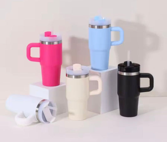 Mini Insulated Tumbler with Handle | Stainless Steel Travel Mug with Straw Lid | Hot & Cold | 480ml