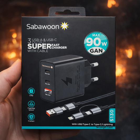Super-Fast 90W Charger | 3 Port USB & Type-C Fast Charging Adapter with Cable