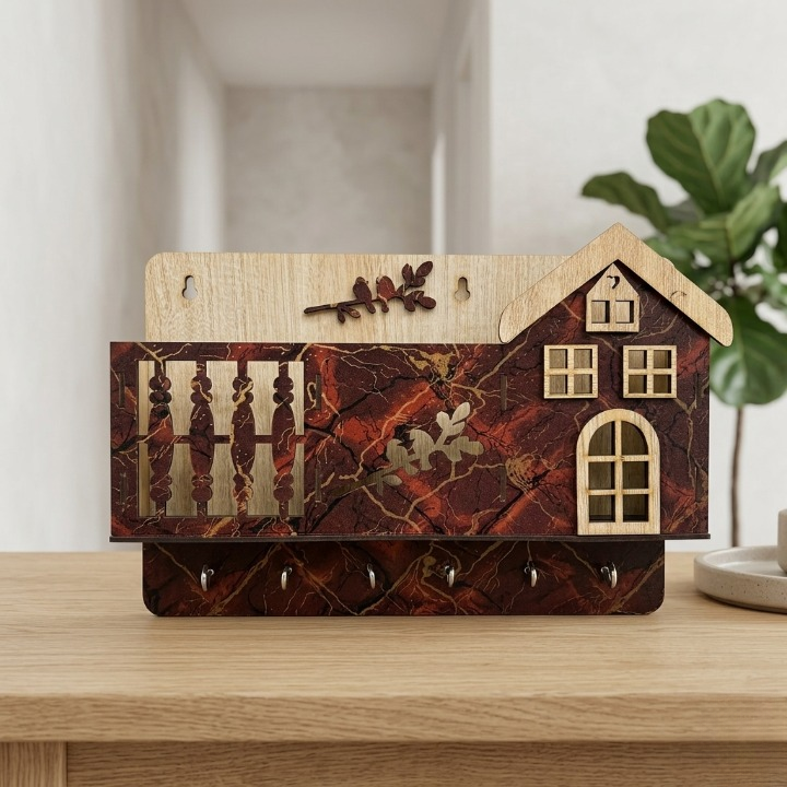 Decorative Wooden House Key Holder | Wall Mounted Key Organizer with 6 Hooks & Marble Finish Design