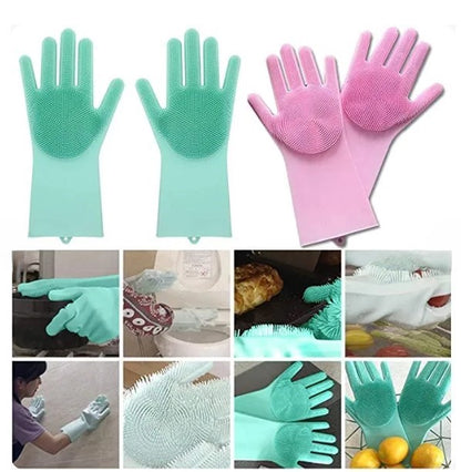 Silicone Dishwashing & Cleaning Pair Gloves | Reusable Heat-Resistant Scrubber Gloves for Kitchen | Bathroom | Household Cleaning