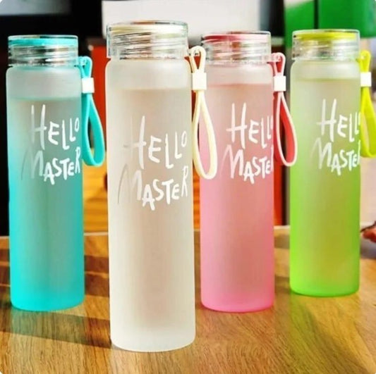 Hello Master 480ml Frosted Glass Water Bottle | Transparent Leak-Proof Portable Drinkware with Carrying Strap | Random Color
