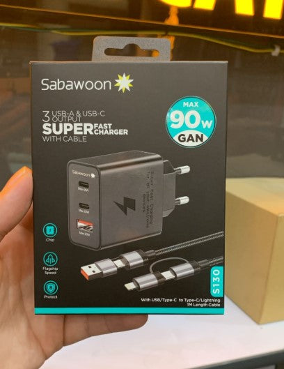 Super-Fast 90W Charger | 3 Port USB & Type-C Fast Charging Adapter with Cable