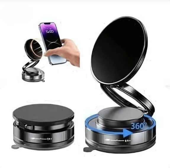 Folding Magnetic Phone Holder 360° with Vacuum Suction | Strong Dashboard & Windshield Car Mount | Adjustable Mobile & Desk Stand