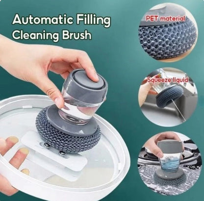 Kitchen Soap Dispensing Palm Brush | Automatic Filling Dish Scrubber | PET Bristles | Non-Scratch Cleaning Brush for Pots, Pans, and Sinks