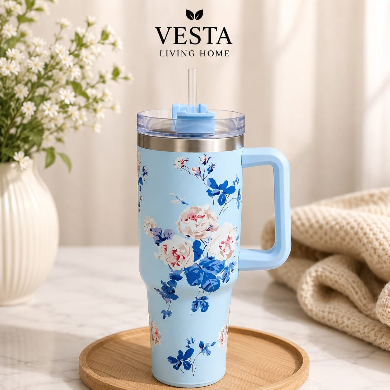 Floral Insulated Travel Tumbler | Ergonomic Handle and Leak-Resistant Lid | 40oz Double-Wall Vacuum Flask | Random Color
