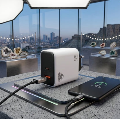 45W Multi-Protocol Dual Port | Travel Fast Charger Model GCH 20 | Integrated EU Europlug Type C Connector
