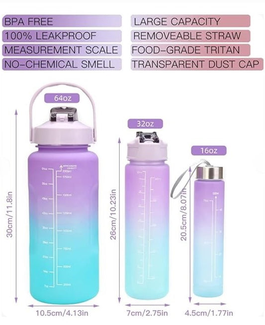 3 Piece Motivational Water Bottle Set BPA Free Plastic Gradient Colors for Students Fitness And Daily Use | Random Color