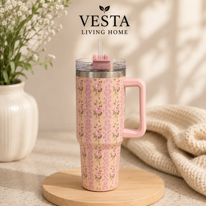 Floral Insulated Travel Tumbler | Ergonomic Handle and Leak-Resistant Lid | 40oz Double-Wall Vacuum Flask | Random Color
