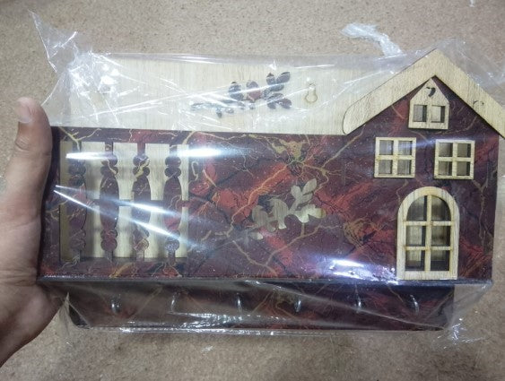 Decorative Wooden House Key Holder | Wall Mounted Key Organizer with 6 Hooks & Marble Finish Design