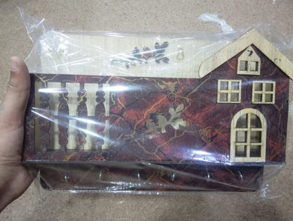 Decorative Wooden House Key Holder | Wall Mounted Key Organizer with 6 Hooks & Marble Finish Design