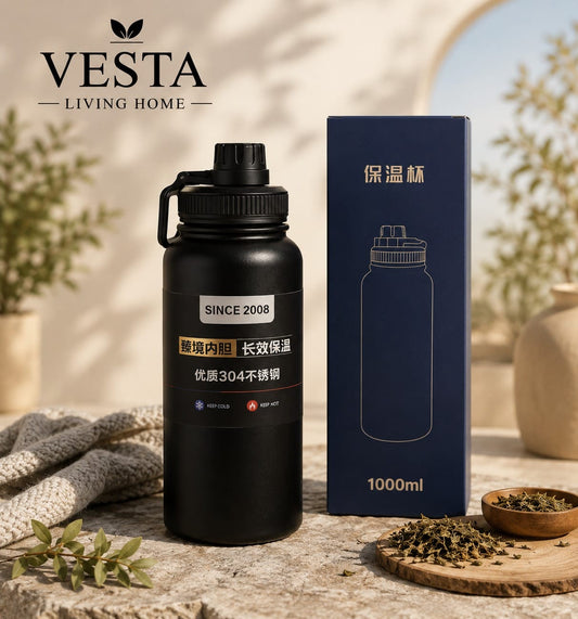 1000ml Matte Black Stainless-Steel Vacuum Insulated Water Bottle | Carrying Strap Durable | Stylish