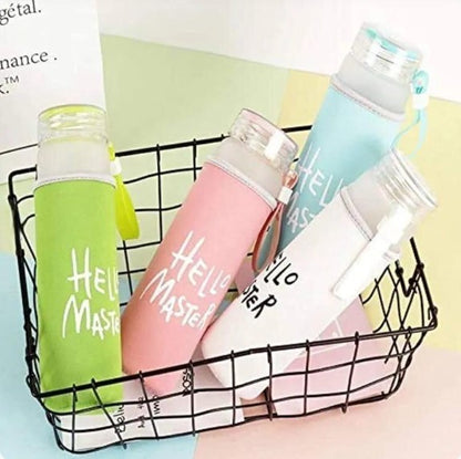 Hello Master 480ml Frosted Glass Water Bottle | Transparent Leak-Proof Portable Drinkware with Carrying Strap | Random Color