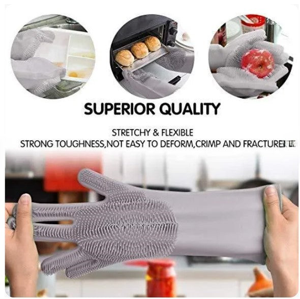 Silicone Dishwashing & Cleaning Pair Gloves | Reusable Heat-Resistant Scrubber Gloves for Kitchen | Bathroom | Household Cleaning