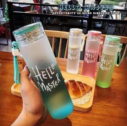 Hello Master 480ml Frosted Glass Water Bottle | Transparent Leak-Proof Portable Drinkware with Carrying Strap | Random Color