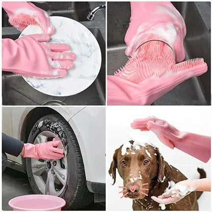 Silicone Dishwashing & Cleaning Pair Gloves | Reusable Heat-Resistant Scrubber Gloves for Kitchen | Bathroom | Household Cleaning