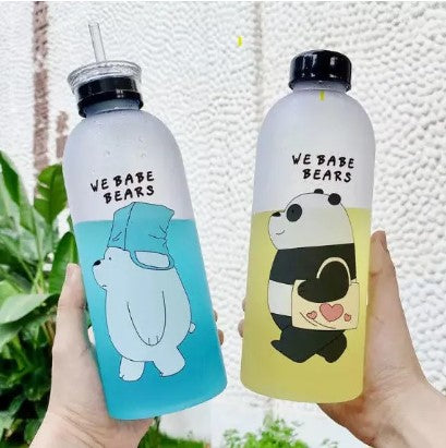 1000ml Korean Bear Panda Big Volume Water Bottle | BPA-Free Leak-Proof Drinkware | Tumbler | Straw